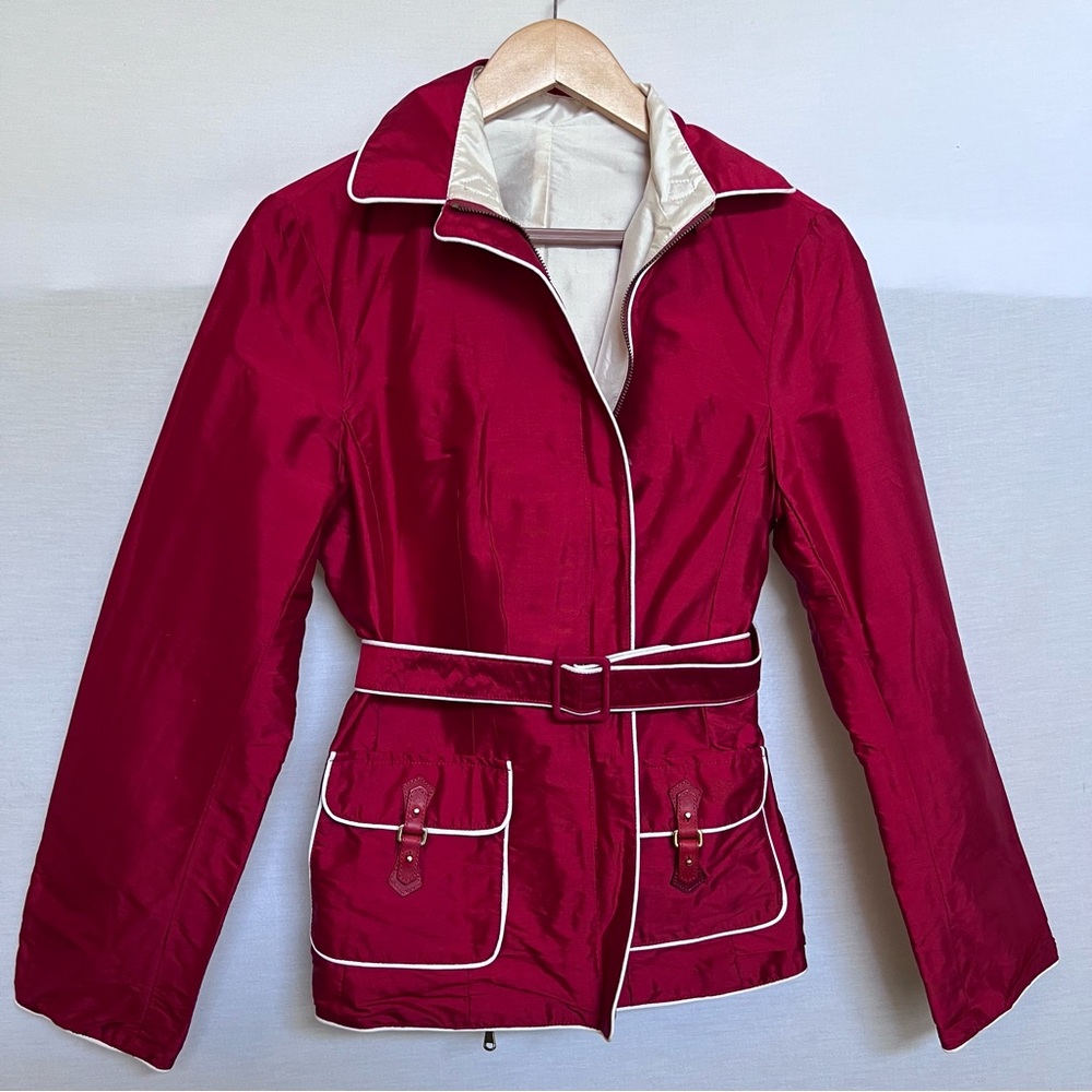 Cheby Elegant Red & White Silk Belted Reversible Utility Jacket